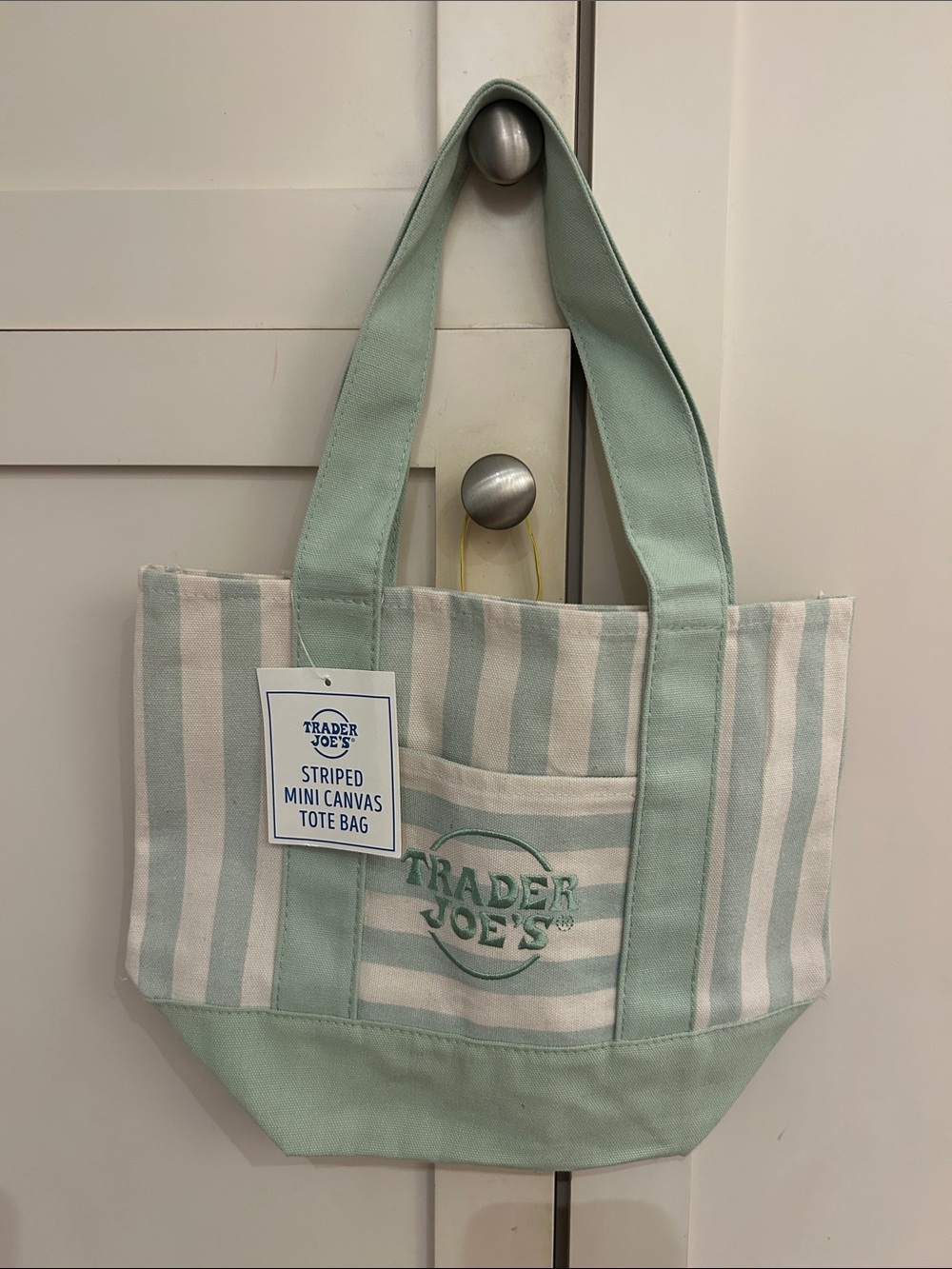 NWT Trader Joe's Striped Mini Canvas Tote Bag - Mint & White